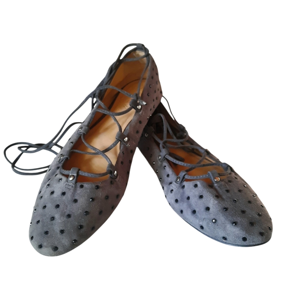 J. CREW Suede Studded Lace-Up Ballet Flats Sz 8 Grey